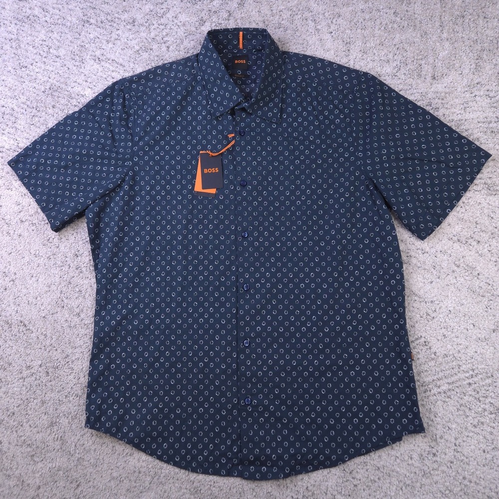Boss Shirt Mens Large Blue Pattern Short Sleeve Regular Fit Hugo Button Up NWT